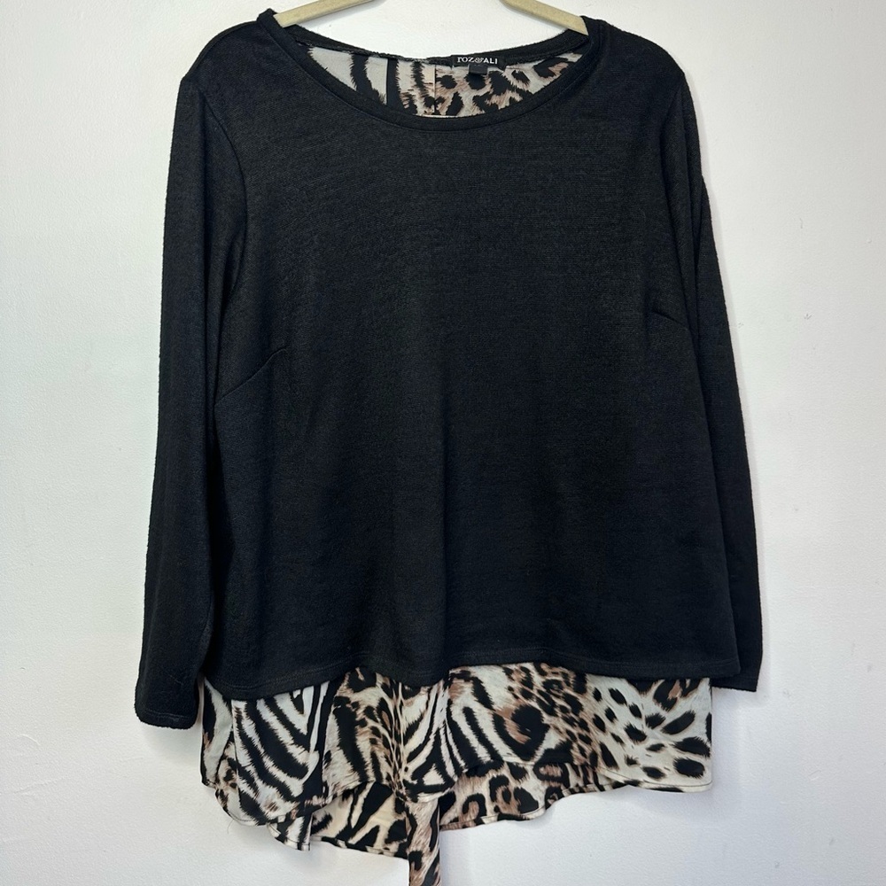 Roz and Ali Sweater Plus Size 1X Black Cheetah Blouse Women's